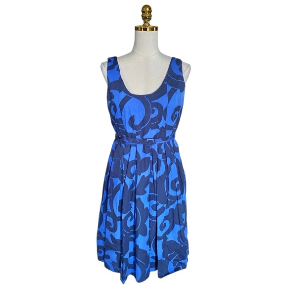 J.Crew Women’s Belted Fit & Flare Blue Artsy Sleeveless Cotton Dress Size 12 - Picture 1 of 7